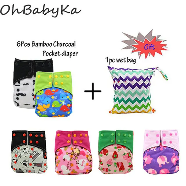 

OhBabyKa Reusable Diapers Baby Cloth Nappy Bamboo Charcoal Pocket Diaper Adjustable Cloth Diaper Cover Modern Cloth Nappies 6PCS