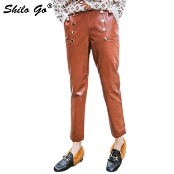 

Leather Pants Womens Spring Fashion sheepskin genuine leather Pants double breasted high waist brown pencil pants