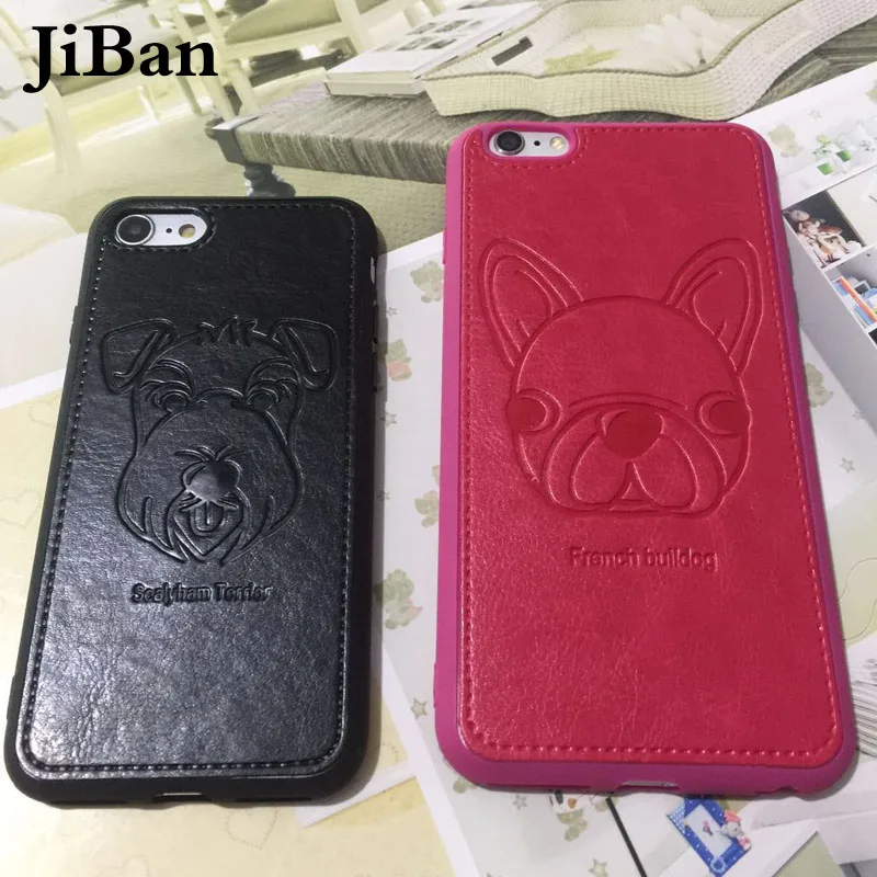 JiBan For iphone X Luxury PU Leather Cute Cartoon Animal Dog Schnauzer French Bulldog Soft Back Phone Case for iPhone 6s 7 8Plus |
