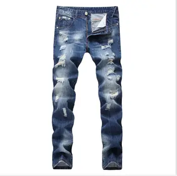 

New men's hole personality jeans Europe and America trend men's straight slim trousers