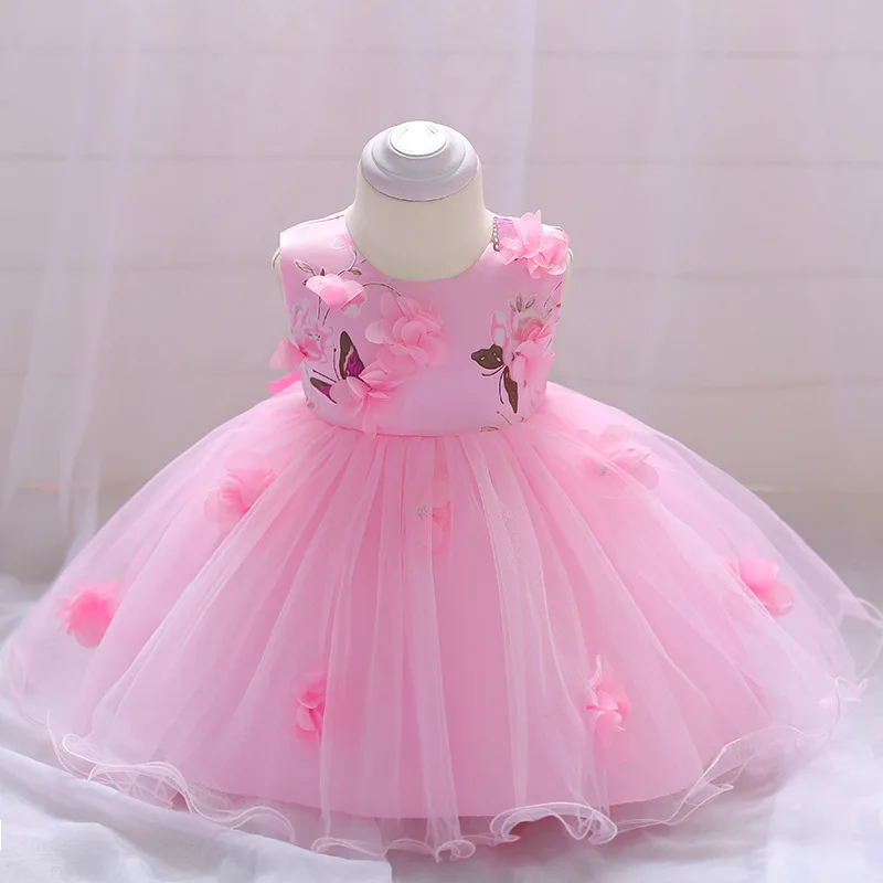 Платье для маленьких девочек летнее платье с цветочным узором в стиле принцессы для маленьких девочек; свадебное платье для новорожденных 1 год Платья для праздников и дней рождения для малышей; одежда - Цвет: Pink