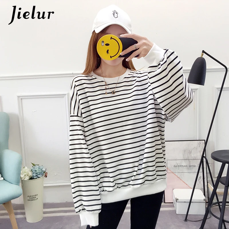 Jielur الكورية عارضة س الرقبة المرأة هوديس 2019 الخريف طويلة الأكمام الإناث أعلى مخطط فضفاض رقيقة الدافئة موهير هودي بلوزات M-XL Jielur الكورية عارضة س الرقبة المرأة هوديس 2019 الخريف طويلة الأكمام الإناث أعلى مخطط فضفاض رقيقة الدافئة موهير هودي بلوزات M-XL