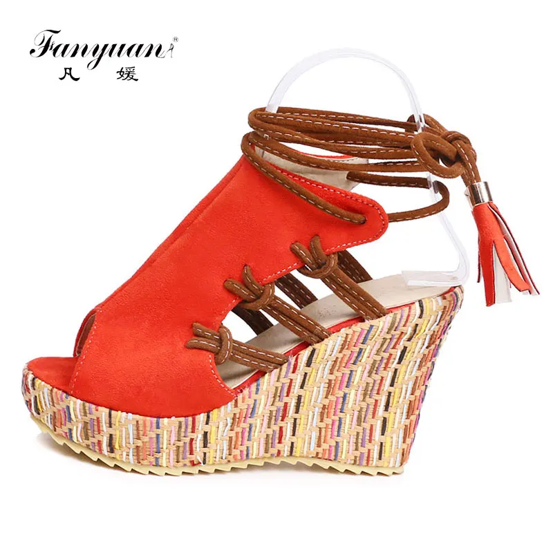 

Fanyuan Rome Style Women's Wedge Sandals Mixed Colors Cross-tied Summer Shoes Ladies Peep Toe Ultra High Heels Beach Shoes
