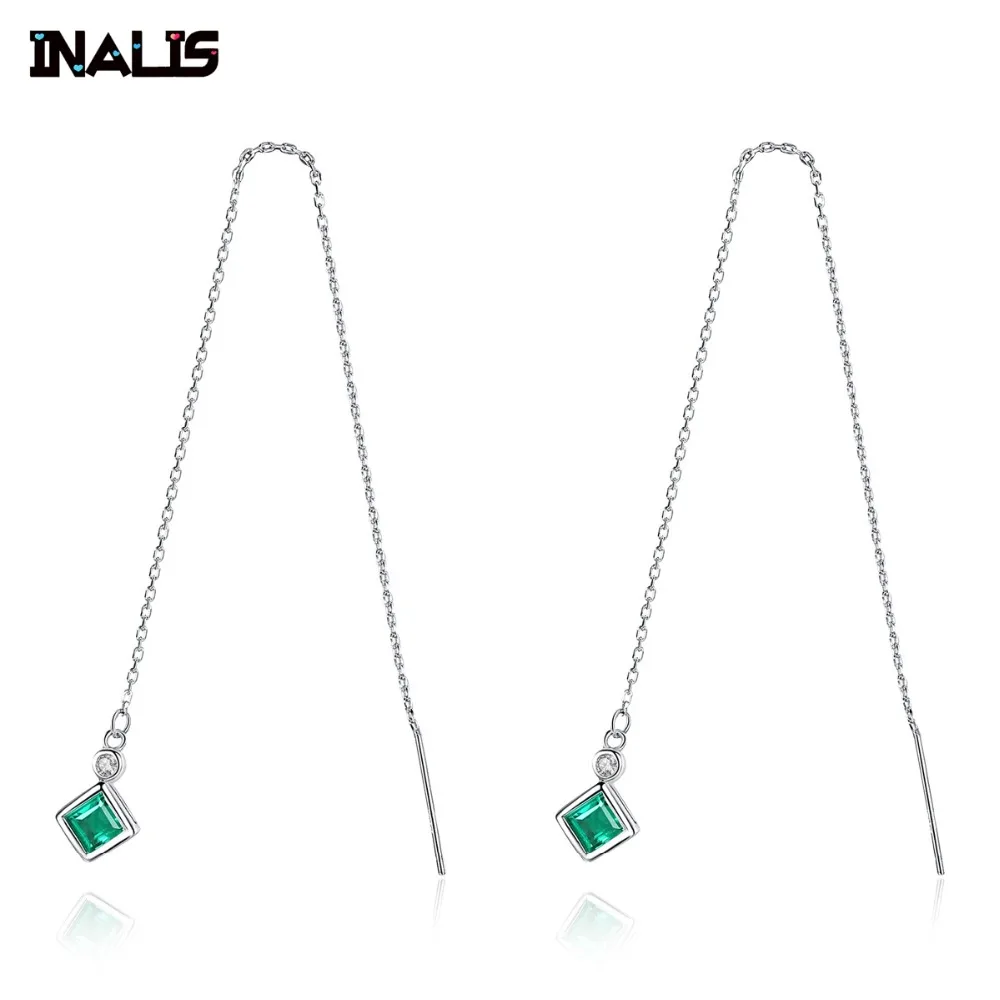 

INALIS New Elegant Long Chain Ear Line 925 Sterling Silver Green Square CZ Crystal Dangle Drop Earrings for Women Brincos Bijoux