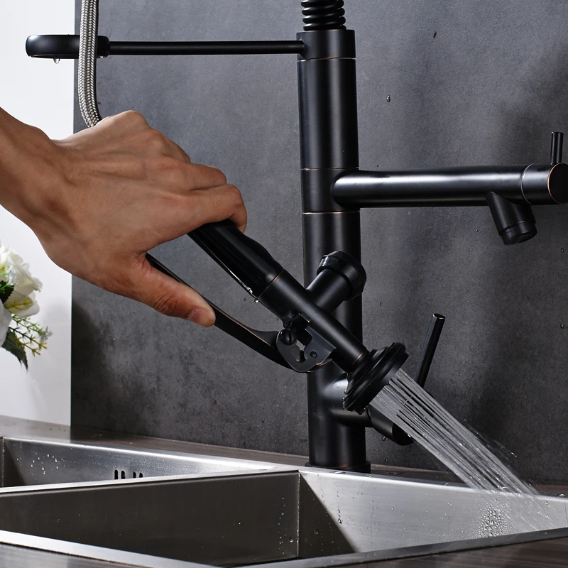 Роскошный черный бронзовый весенний кухонный смеситель, кран для раковины с одной ручкой, смеситель для раковины, кухонный кран с вращением на 360 градусов