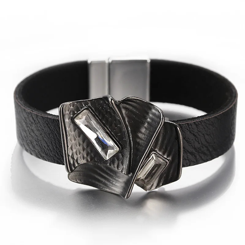 ALLYES модные кожаные браслеты для женщин изогнутая поверхность сплав кристалл трендовый металлический Шарм Широкие Манжеты Ювелирный женский браслет - Окраска металла: black