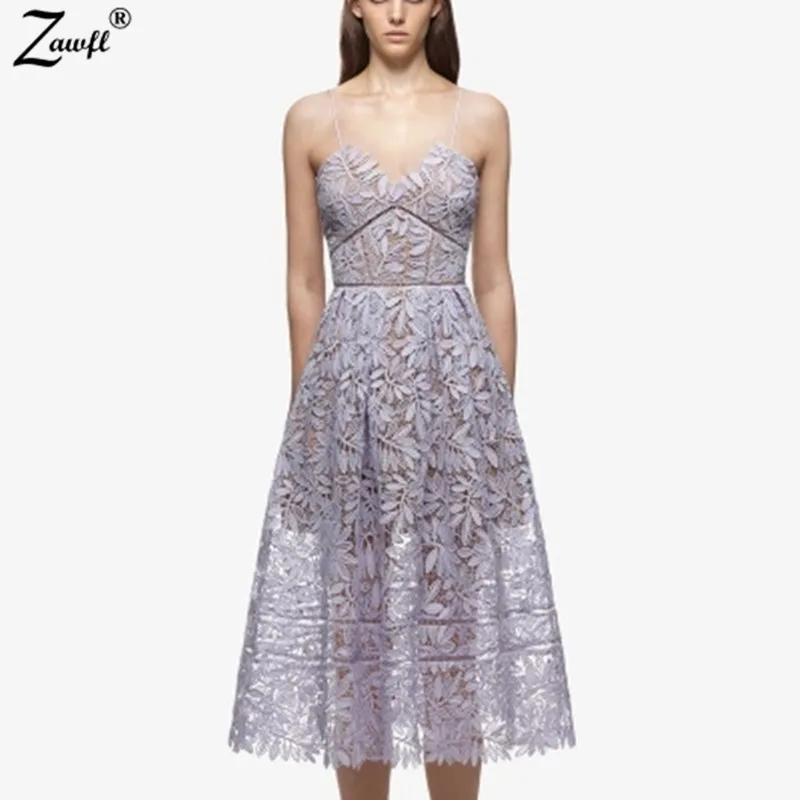 

High Quality Party Dresses Self portrait Womens Elegant Sexy spaghetti strap Lace Hollow Out Nude Illusion Mid-Calf Dress Vesti