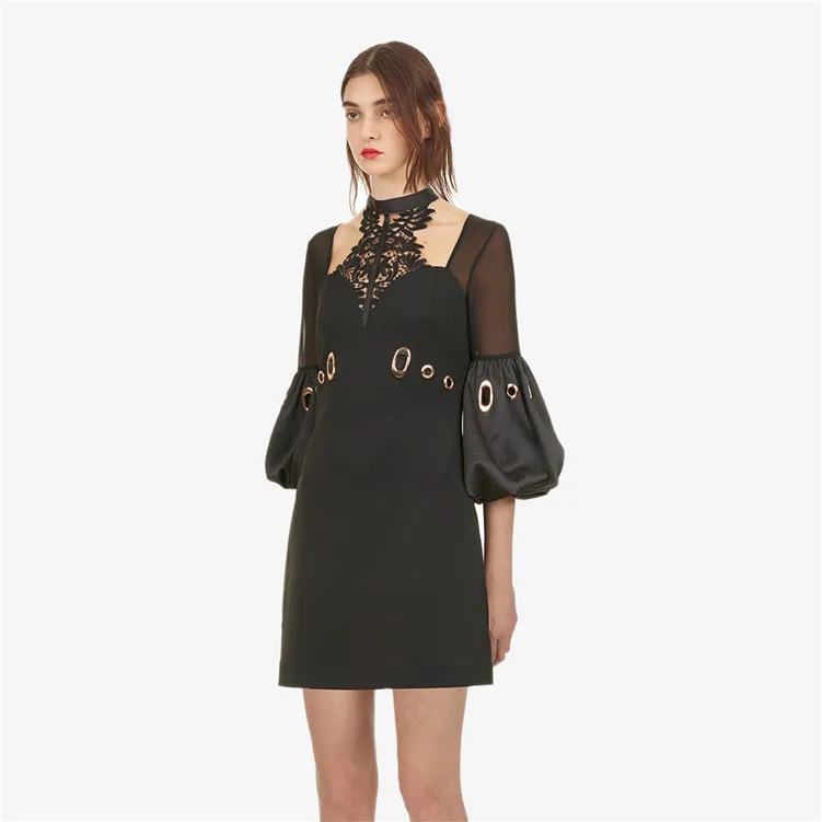 

New neck lace stitching lantern sleeve dress black dress temperament render F07124 a-line