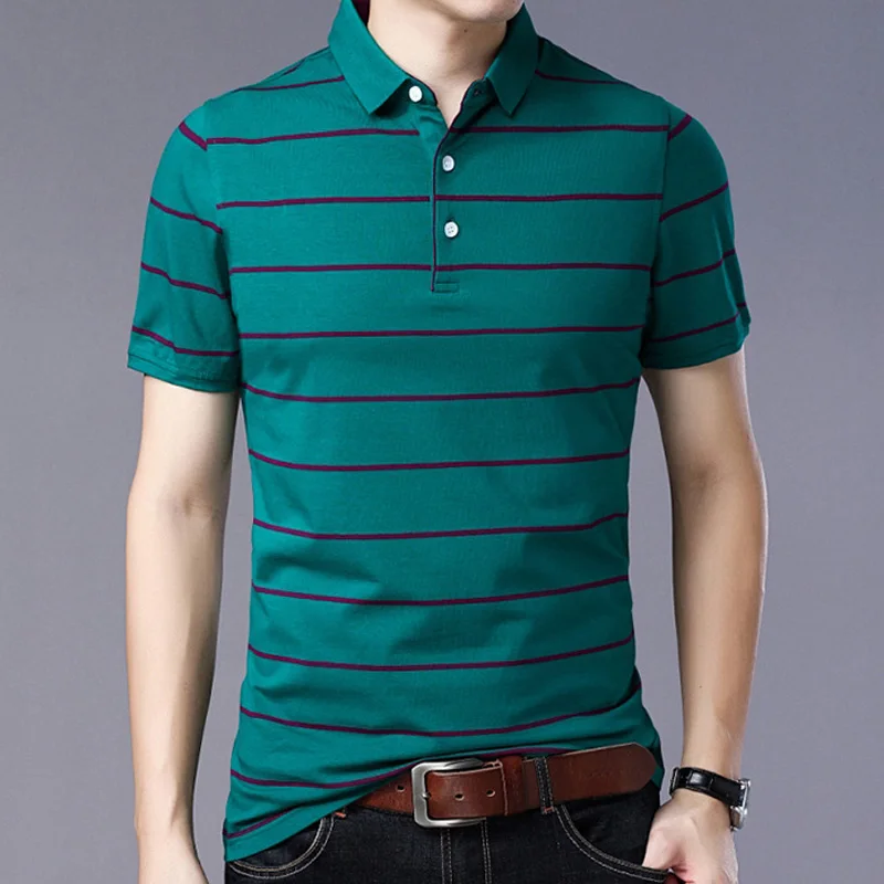 Liseaven мужские рубашки поло с коротким рукавом, полосатые рубашки поло, мужские повседневные рубашки поло, мужская одежда - Цвет: Зеленый