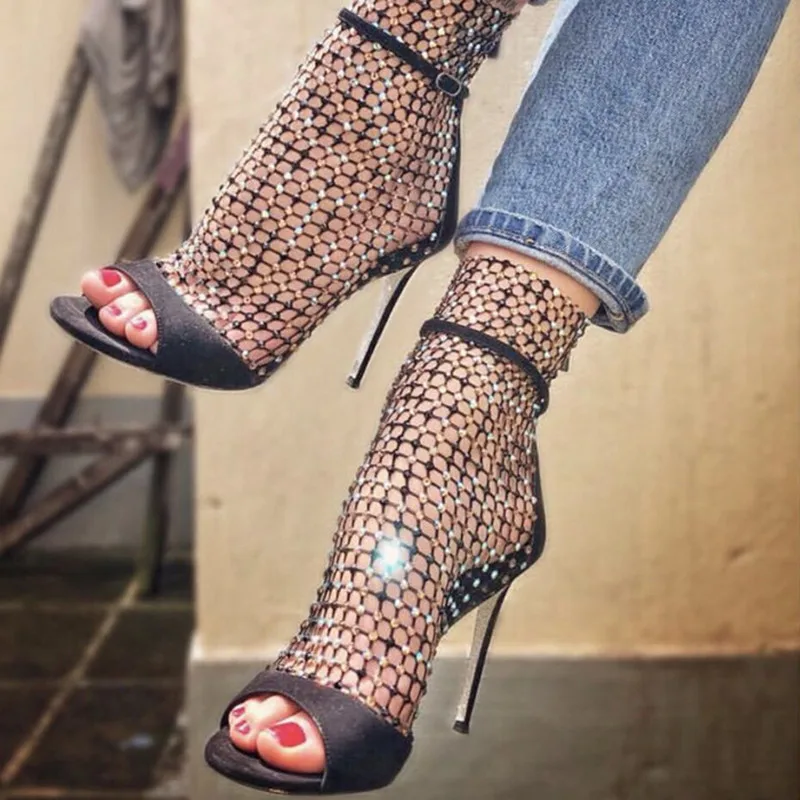 

2019 Galaxia crystal-embellished mesh Fishing net Summer Cage Sandals High Heels Women Pumps Bling Gladiator Sandals Women Shoes