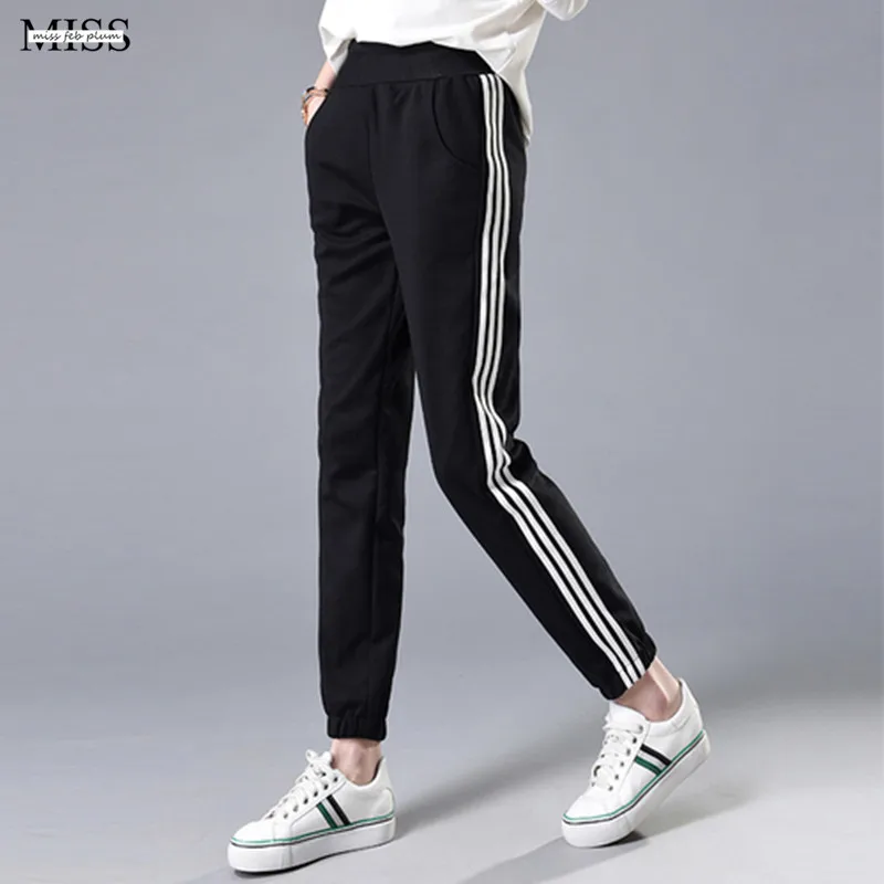 

Plus Size Women Elastic Pants Casual Loose Side Stripe Sweatpants Spring and Autumn 2019 Harem Pant Female Sporty Trousers Black