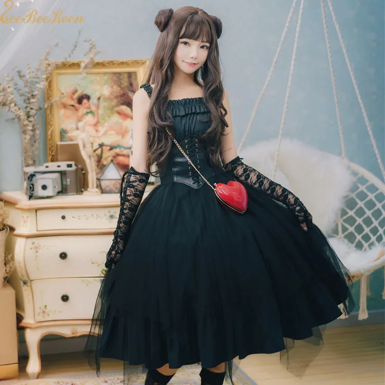 Сексуальное черное платье для девочек в стиле Лолиты Jsk, летний костюм в стиле готической Лолиты в стиле панк для женщин, карнавальный костюм на Хэллоуин, вечерние костюмы в стиле панк - Цвет: black dress