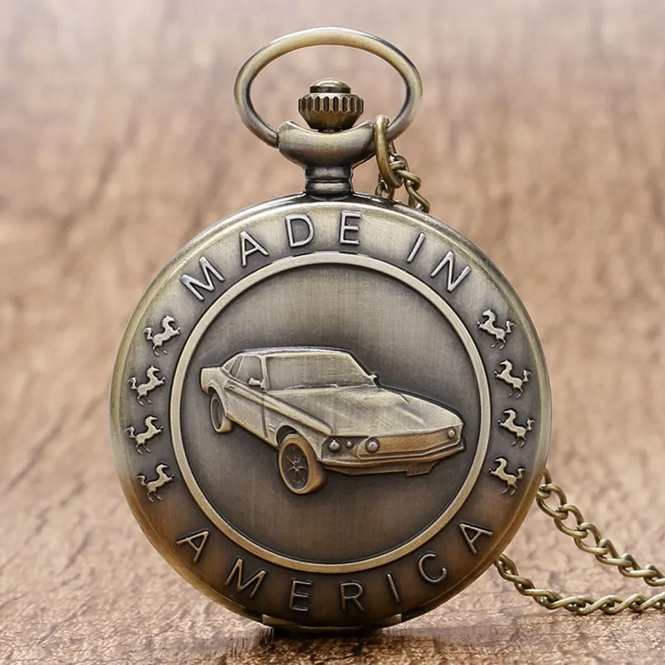 Новинка, модные бронзовые кварцевые карманные часы Mustang с рисунком автомобиля и цепочкой, подарок на день рождения для мужчин и мальчиков, подарочная сумка