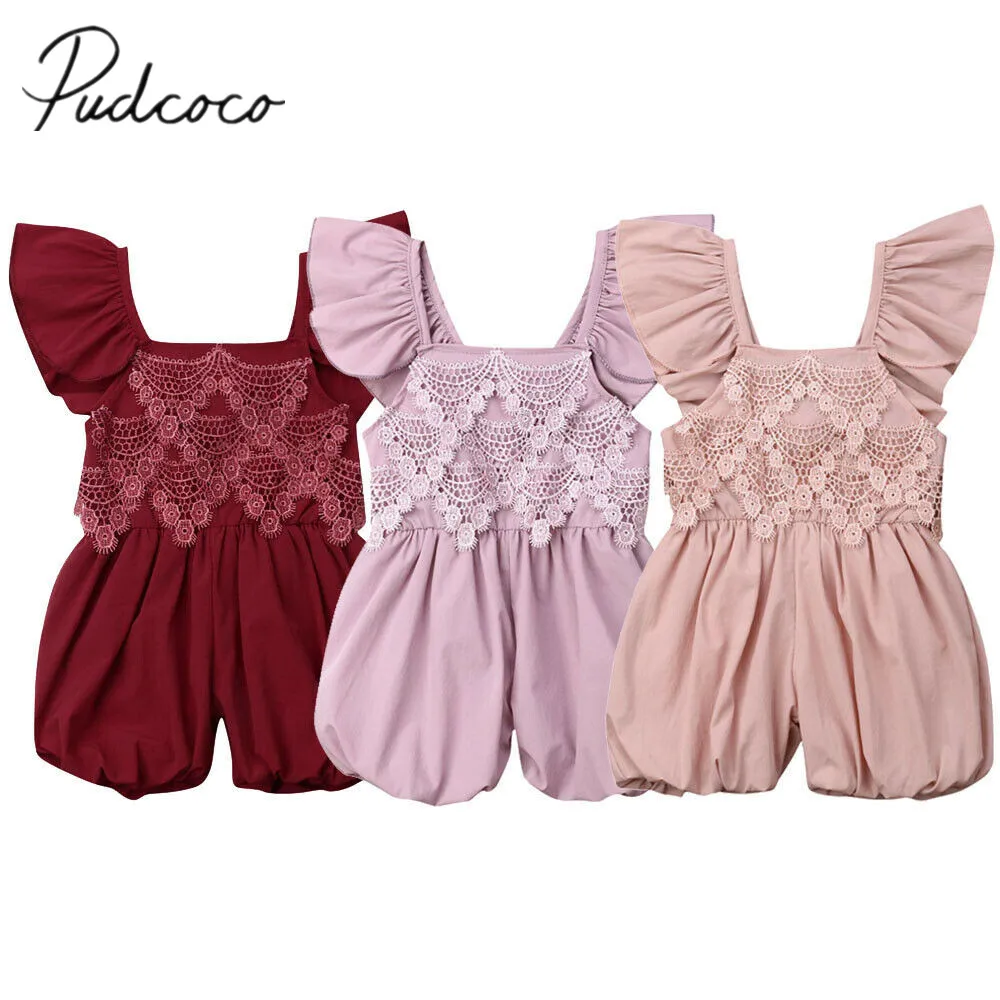

2019 Baby Summer Clothing Infant Kid Baby Girl Clothes Lace Patchwork Romper Ruffle Jumpsuit Harm Outfit Solid Sunsuit 1-5T