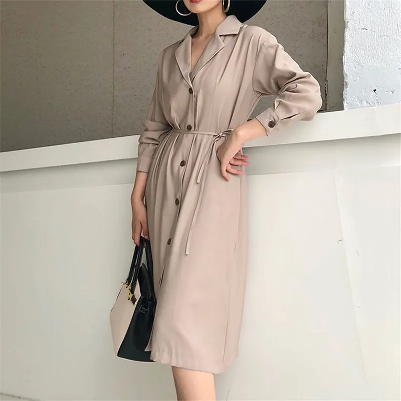 

HziriP Korea OL Notched Feminine Single Breasted Autumn Intellectual Full Sleeves Office Ladies Lace Up Plus Size Long Dresses