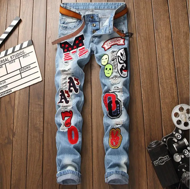 

Original mens skinny jeans autumn winter new europe america embroidered multiple badges hole Small straight men's Slim fit pants