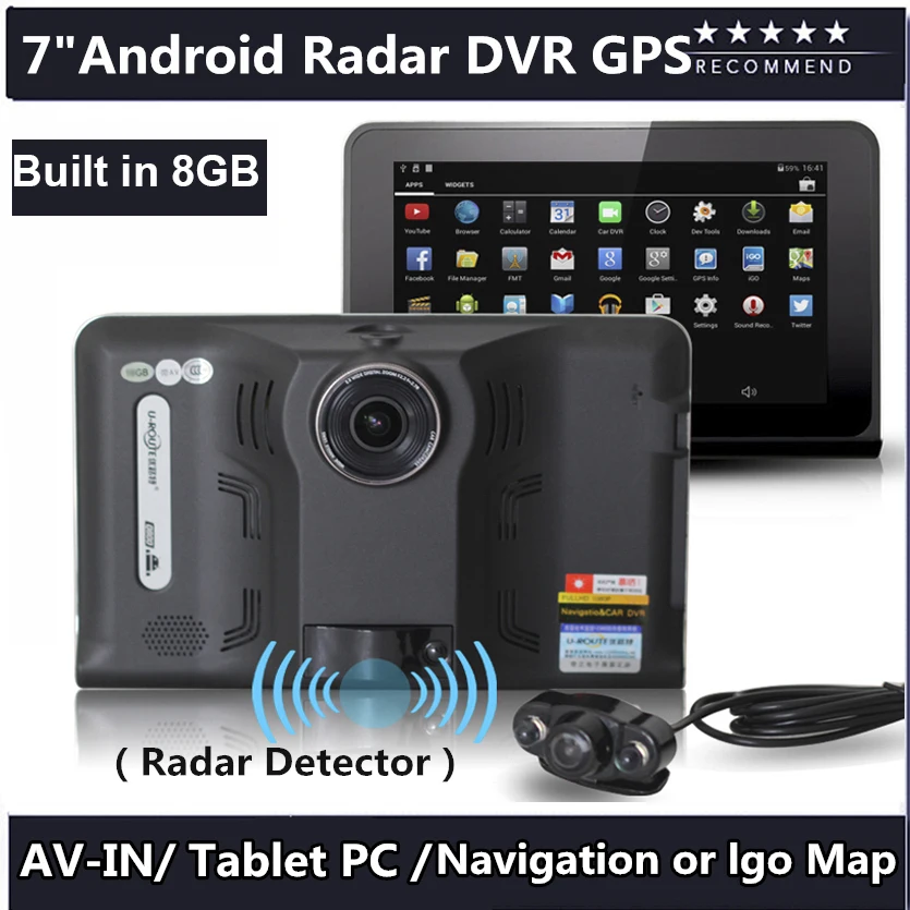 7 дюймовый автомобильный видеорегистратор с gps навигацией Android радар детектор 1080P