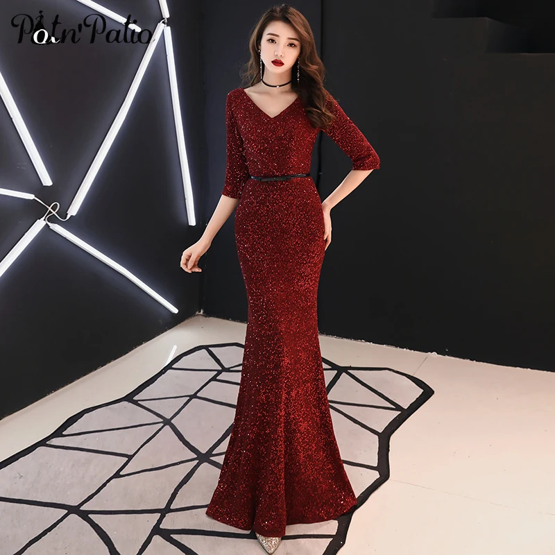 Элегантный Burgndy вечерние платья для женщин 2019 Новый v-образный вырез с половиной рукава блестками Бальные платья русалки плюс размеры