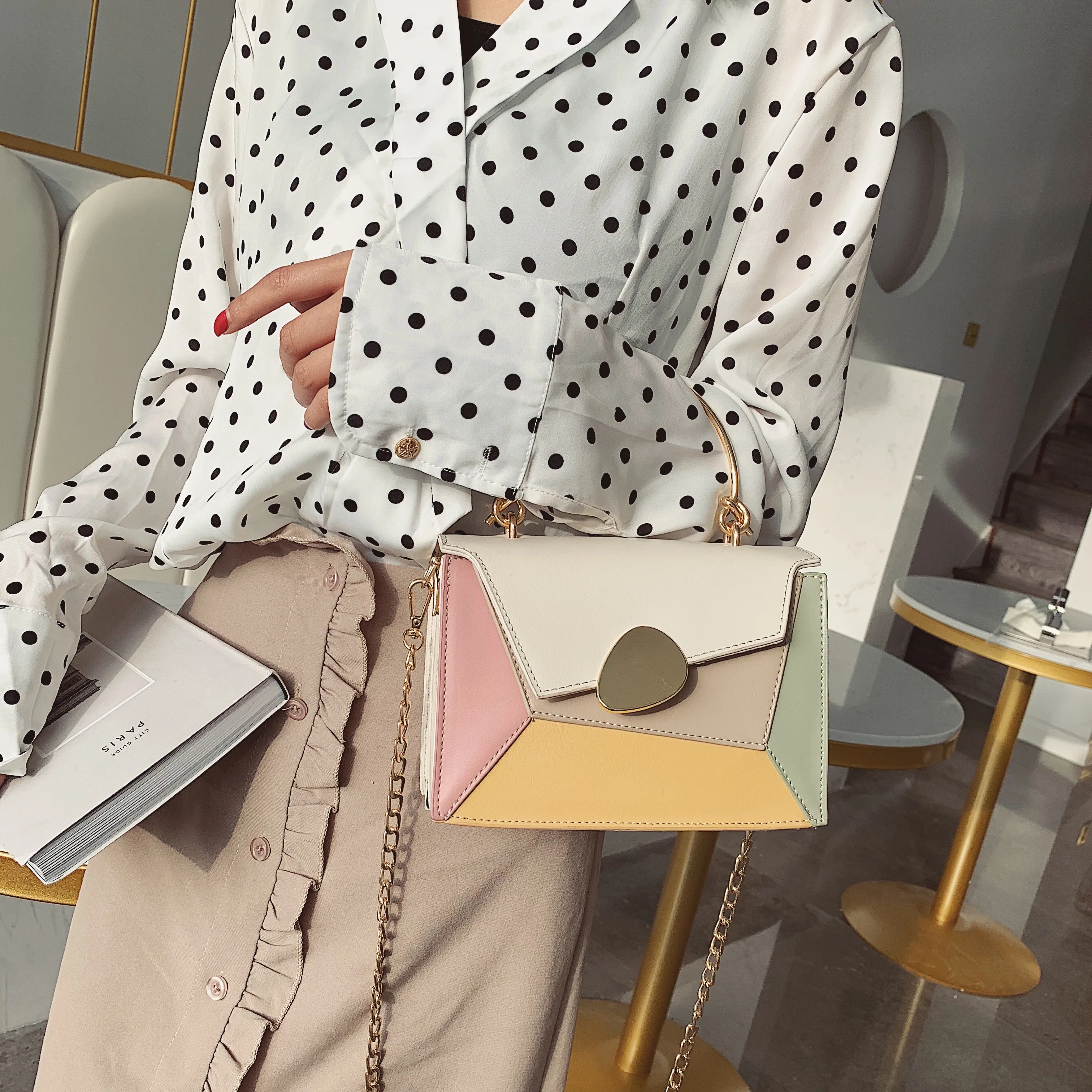  Contrast Color PU Leather Crossbody Bags For Women 2019 Chain Handbags with Metal Handle Shoulder M - 33051286061