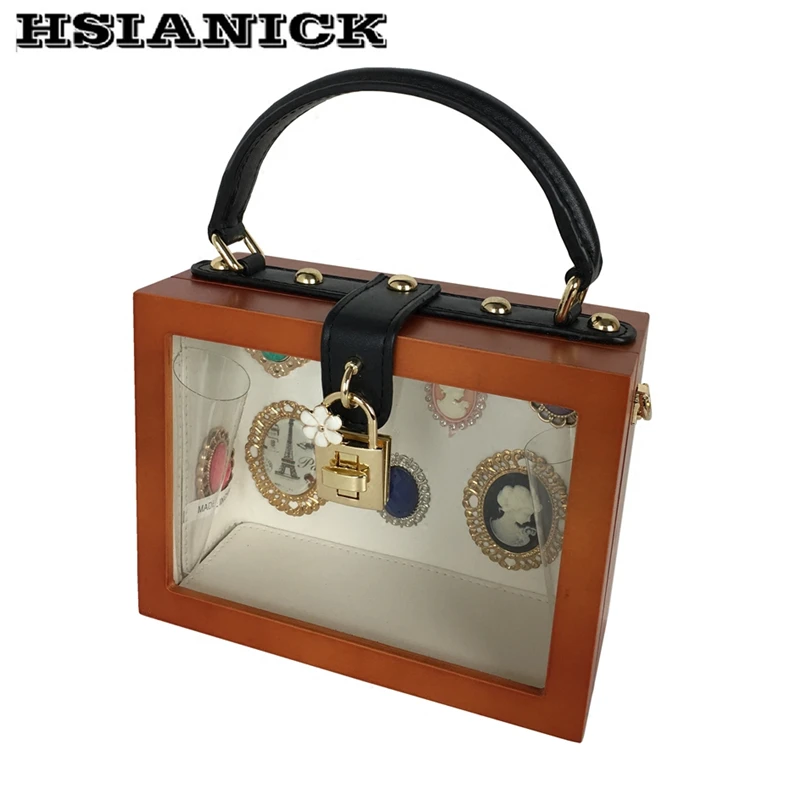 

2018 new retro wooden transparent box bag celebrity commemorative badge handbag shoulder bag slung female handbag evening bag