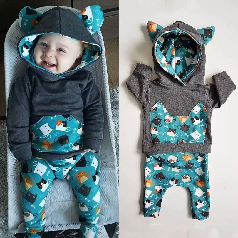 

Cartoon 3D Ear Hoodies Autumn Top Baby girl boy Hoodies pant 2pcs Clothes Set Pocket Animal Print Clothing