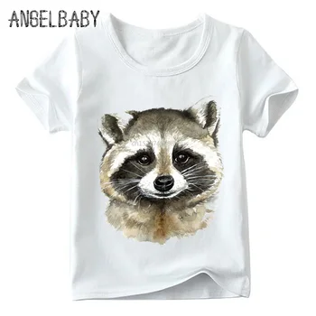 

Boys/Girls Watercolor Raccoon Print Funny T shirt Kids Summer Short Sleeve Tops Children Soft White T-shirt,ooo5058