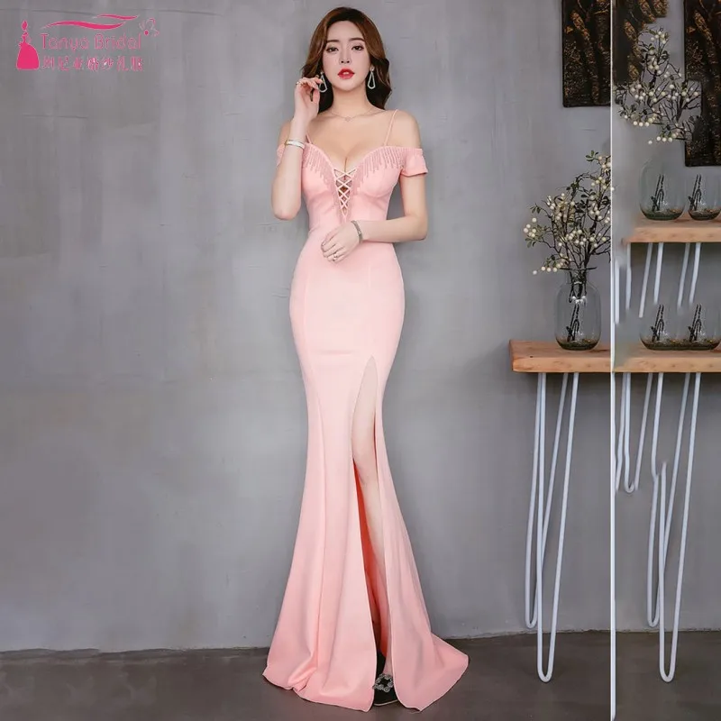 

Long Bridesmaid Dresses Real Mermaid V Neck Off The Shoulder Formal Wedding Guest Dress JQ299