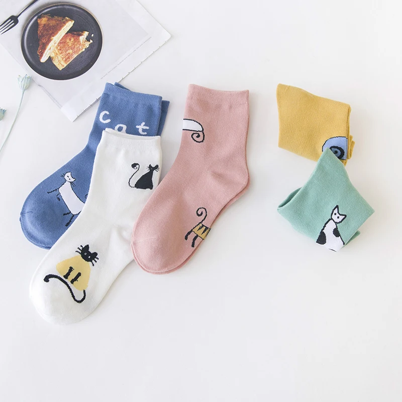 Дизайн милые Мультяшные носки из хлопка с кошкой для женщин креативные теплые модные забавные зимние носки