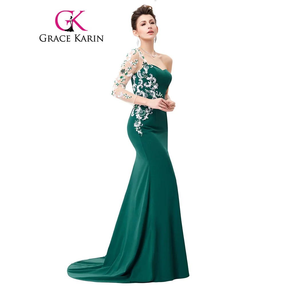 Грейс Карин асимметричный с длинным рукавом вечернее платье с аппликацией кружево особых случаев платья темно зеленый русалка вечерние 2018
