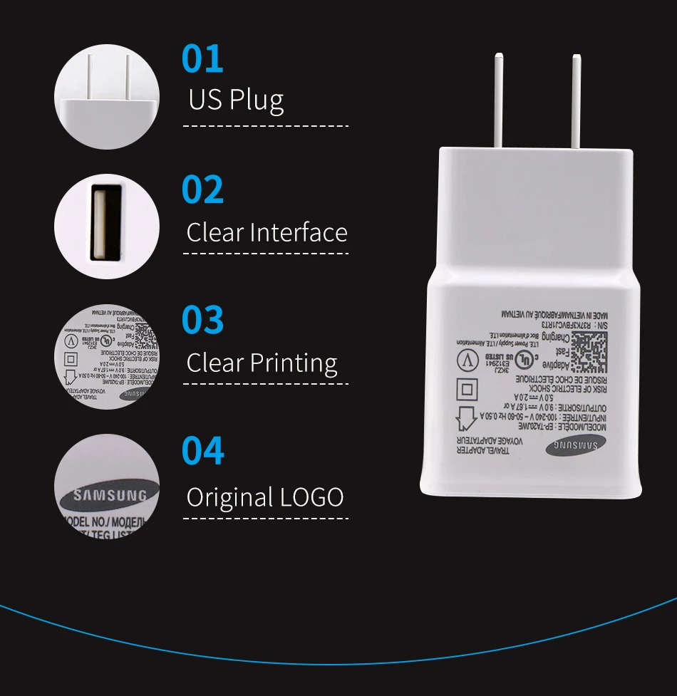 5Samsung S8 S9 plus Original Fast Charger 1.2m USB Type C Cable 15W 9V1.67A  Wall Adapter EUUSUK Note8 S 9 S 8  C5 C7 C9pro