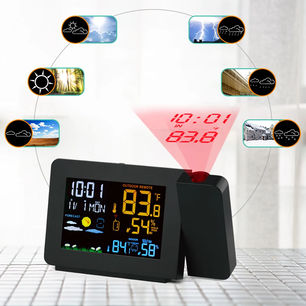  New Projection Alarm Clock Weather Station Snooze Function Colorful Back light Desk Table Led Clock - 32972245639