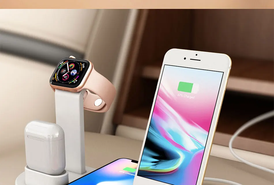 3 в 1 Беспроводная зарядка Индукционная зарядная подставка для iPhone X XS Max XR 8 Airpods Apple Watch 2 в 1 док-станция 3в1