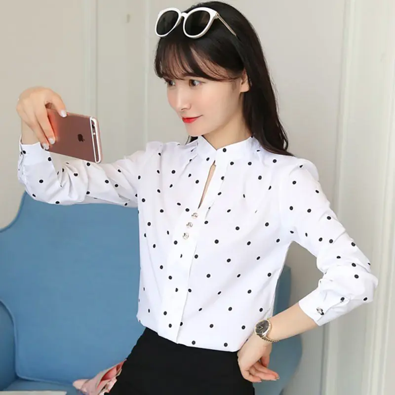 

Summer 2019 Women Stitching Black and White Dot Print Loose Blouse V-Neck Pullover Long Sleeve Versatile Blouses