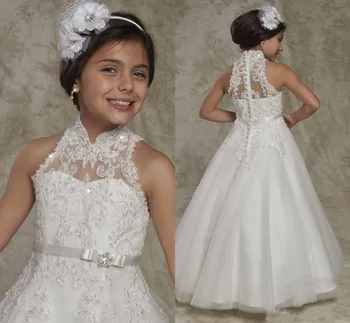 

Retail Flower Girl Dress with Appliques Buttons Beading Belt Elegant Girls Prom Dresses Custom Made Pageant Gowns Fore Princess