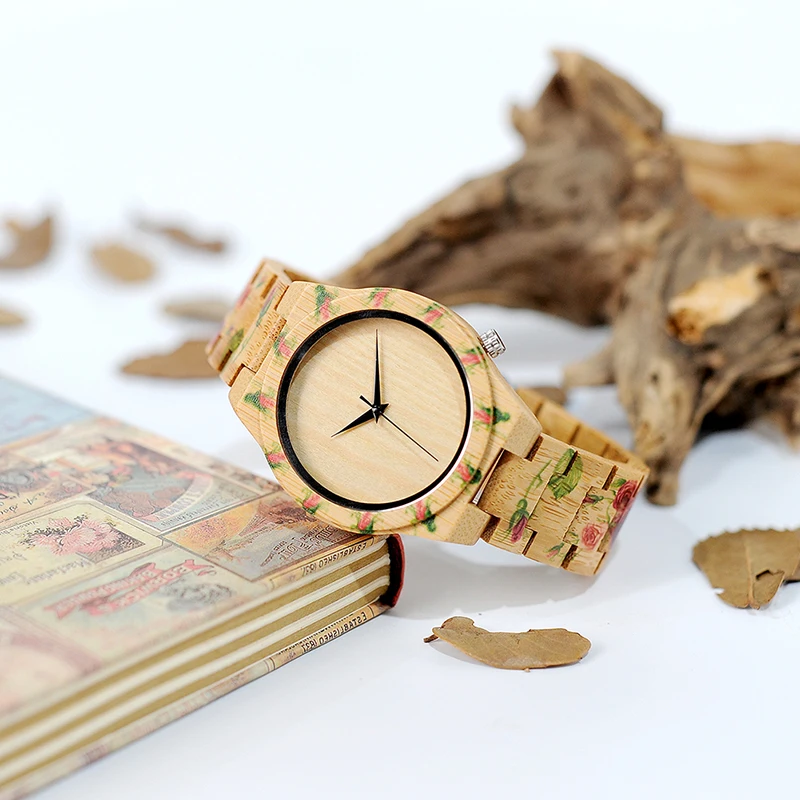BOBO BIRD V-D21 UV Print Flower Wooden Watches Men Women Fashion Designer Brand Quartz Wristwatch reloj madera hombre
