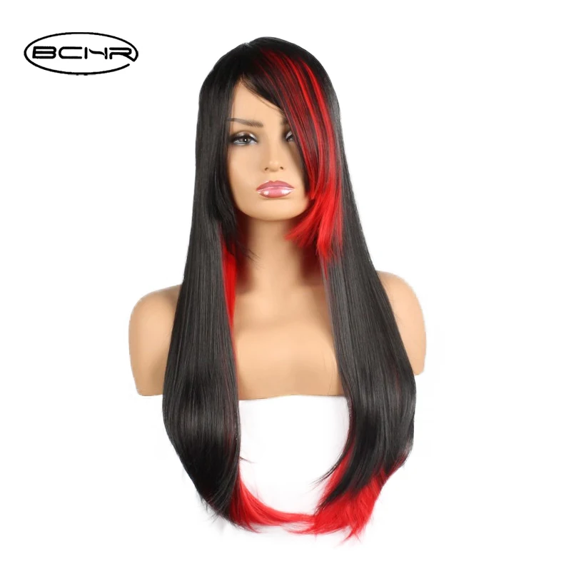 BCHR длинные прямые синтетические волосы с боковой бахромой термостойкие Хэллоуин Косплей черный и красный парики для женщин - Цвет: Многоцветный