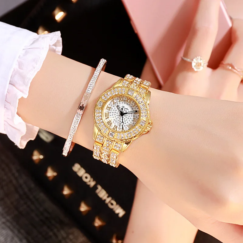 Роскошные Брендовые женские часы со стразами, звездное небо, наручные часы, римские цифры, стразы, дизайнерские женские часы, Relojes Mujer - Цвет: Gold