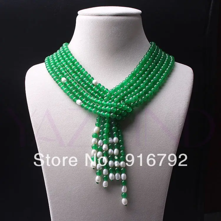 

free shipping unique design green stone ball freshwater white pearl layers chain necklace
