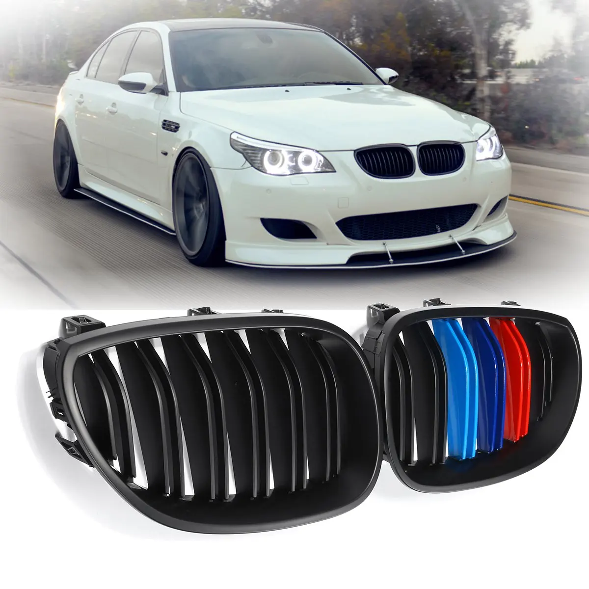 

For BMW E60 2003 2004 2005 2006 2007 2008 2009 2010 Pair New Matte Black M-Color Front Kidney Racing Grill Grille Replacement