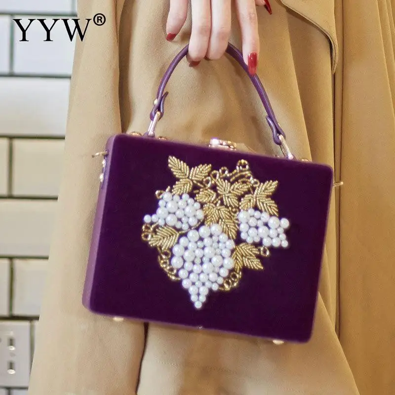 Квадратная Фиолетовая Сумка-тоут, Вельветовая коробка, Сумка с бриллиантами и жемчугом, повседневная женская сумочка ручной работы, вечерние сумочки, дамские сумки через плечо, сумки-мессенджеры