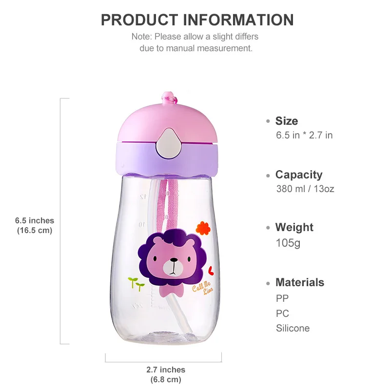 Zerodis 350 ml de Dibujos Animados port/átil Baby Straw Cup Double Handle Kid Kids Learn Drinking Cup sin BPA Verde