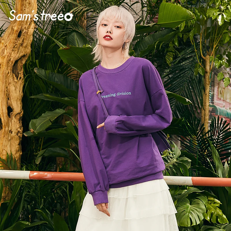  Samstree Purple Letter Print Casual Leisure Sweatshirt Women Minimalist Pullover 2019 Autumn Less i