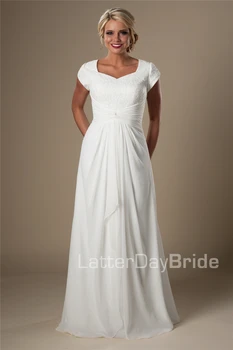 

Beach Modest Wedding Dresses 2019 With Cap Sleeves Long A-line Lace Chiffon Bridal Gowns Informal Destination Wedding Gowns New