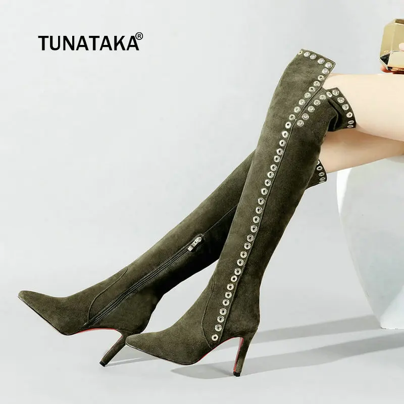 Goede Vrouw Suede Sexy Dunne Hoge Hak Klinknagel Over De Knie Laarzen Mode Rits Wees Teen Fall Winter Dij Laarzen Zwart