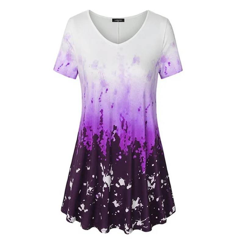 Large Sizes New Summer Tops Fashion Women Sweet Short Sleeve V-Neck Print Casual T Shirt Plus Size Ladies T Shirt Top 5XL - Цвет: Purple