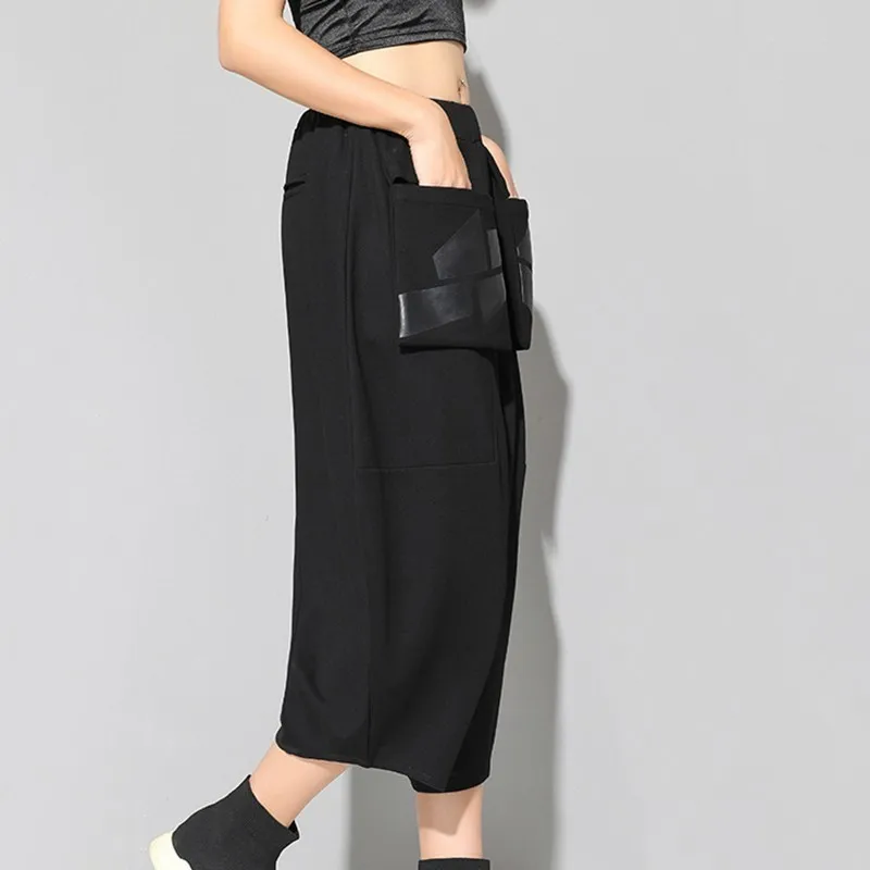  [EAM] 2020 New Spring High Waist Black Loose Pu Leather Pocket Stitch Loose Harem Pants Women Trous