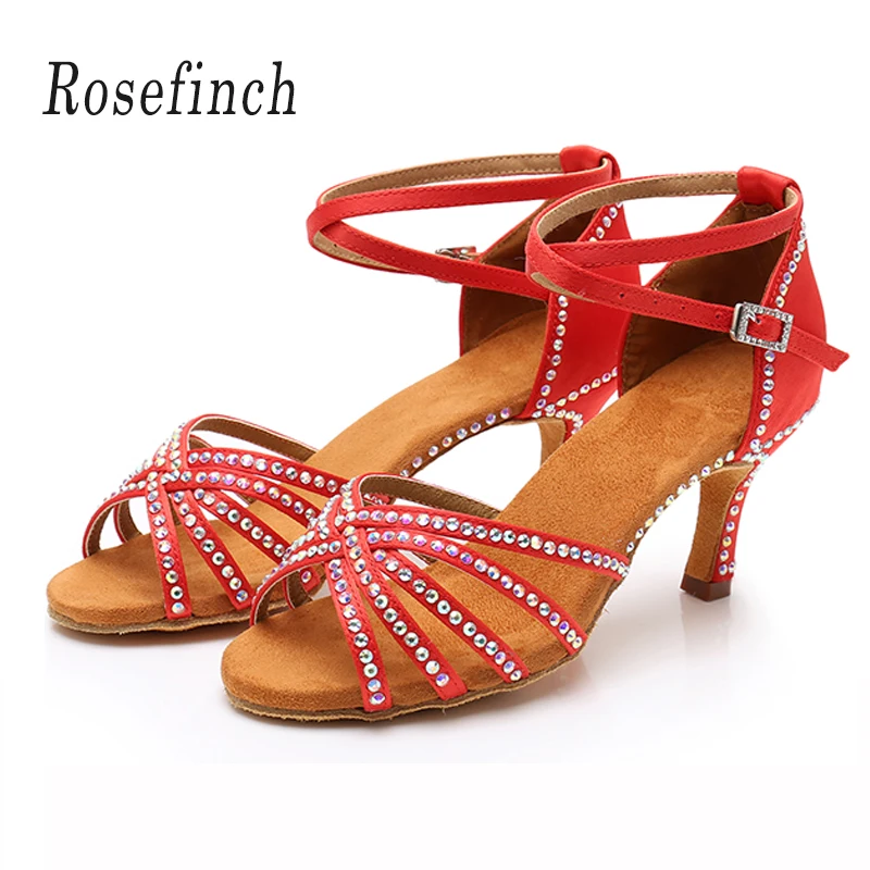 

Women Red Party Dance Shoes Satin Shining Rhinestones Soft Bottom Latin Dance Shoes Woman Salsa Dance Shoes Heel 5CM 7CM A01GZ