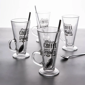 

A conical glass a coffee cup a whisky glass a red wine and juice glasses