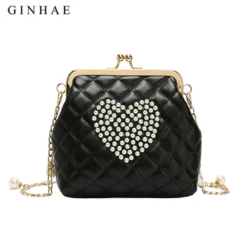 

Heart Pattern Pearl Bag Chain Female Brand Lingge Pu Leather Shoulder Bags Small Crossbody Bags For Women Clutch Purse Party Sac
