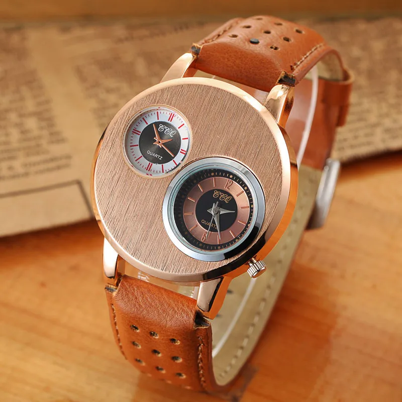 

Fashion Style Business double dial PU strap Band Geneva Quartz High quality Double Time Watch